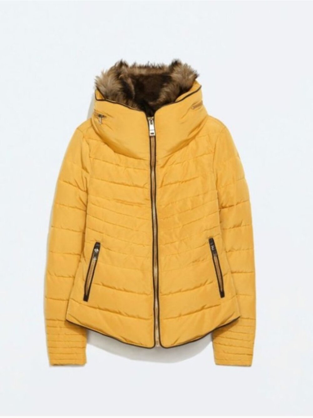 ZARA Down Puffer Padded fur collar anorak Jacket Coat Size: M in Yellow Mustard - Picture 1 of 12